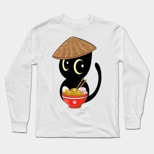 Funny Black Cat Eating Noodles Long Sleeve T-Shirt